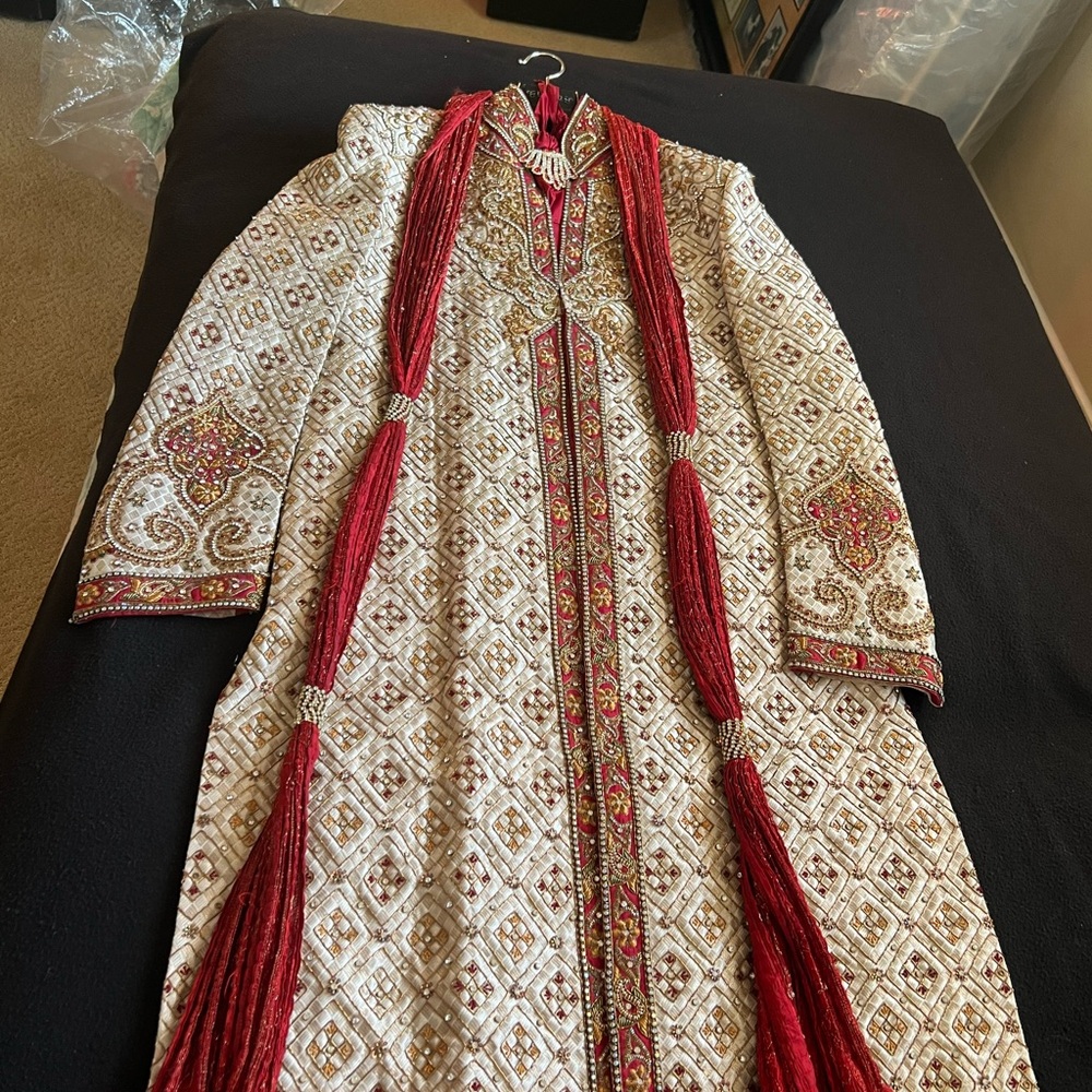 Ornate Red and Cream Embroidered Groom Sherwani